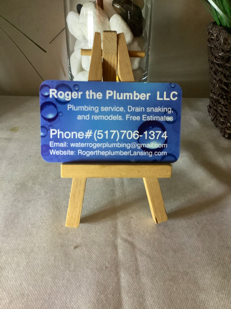 Roger the Plumber LLC business card with blue bubble design and contact details
